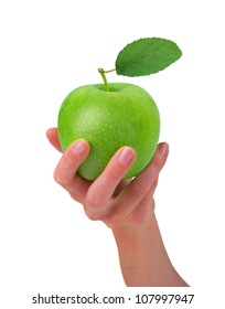 Hand Holding Green Apple Isolated On White