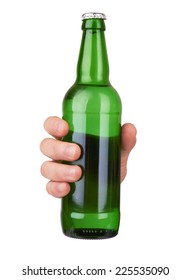 Hand Holding A Green Beer Bottle Without Label Isolated On White Background