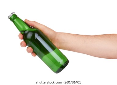 Hand Holding A Green Beer Bottle Without Label Isolated On White Background