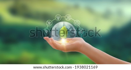 Hand holding green leaf with icons energy sources for renewable, sustainable development. Ecology concept.