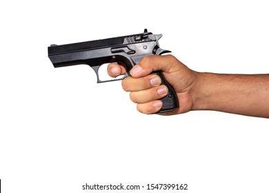 Hand Holding A Gun Isolated On White Background.