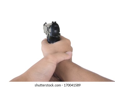 Hand Holding Gun Isolated On White Background