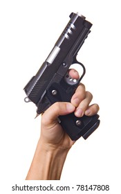 Hand Holding Gun Isolated On White Background