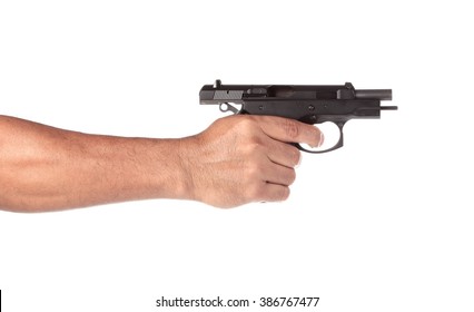 Hand Holding A Gun On A White Background