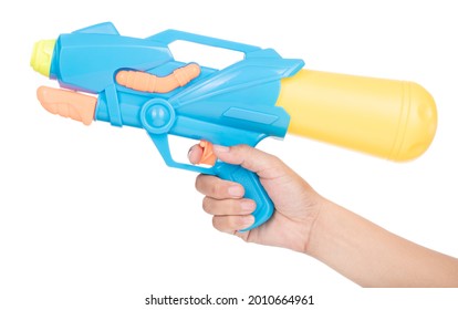 Hand Holding Gun Water Toy Isolated On A White Background