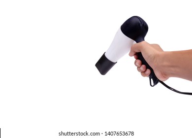 Hand Holding Hair Dryer Isolated On White Background.