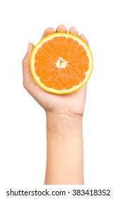 Hand Holding Half Of Orange Isolated On White Background