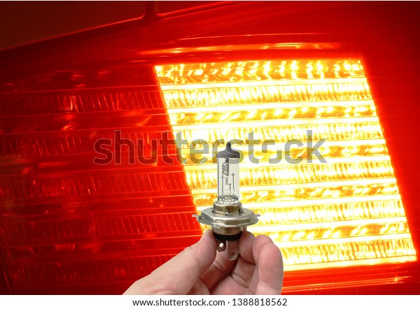 hand holding halogen light bulb\
vehicle spare parts on car back lamp shiny in dark\
background