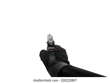 Hand holding a handgun point view. Isolated first person view hand holding a handgun pointing on white background.