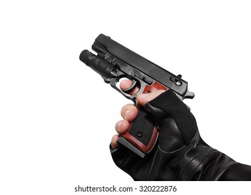 Hand holding a handgun profile view. Isolated first person view hand holding a handgun profile on white background.