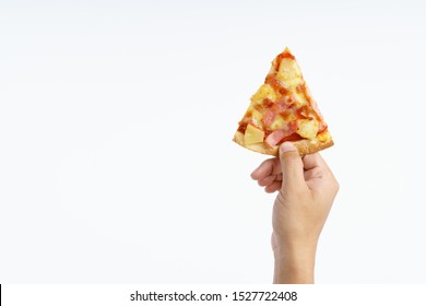 Hand Holding Hawaiian Pizza On White Background