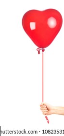 Hand Holding A Heart Shaped Red Balloon, Isolated On White Background