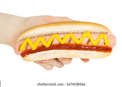 Hand Holding Hot Dog With Mustard Isolated On White Background. Сlipping Path.