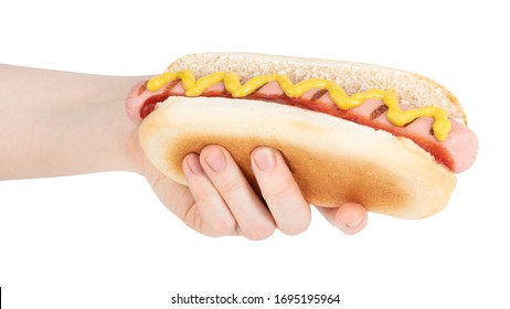 Hand Holding Hot Dog With Mustard Isolated On White Background. Ð¡lipping Path.