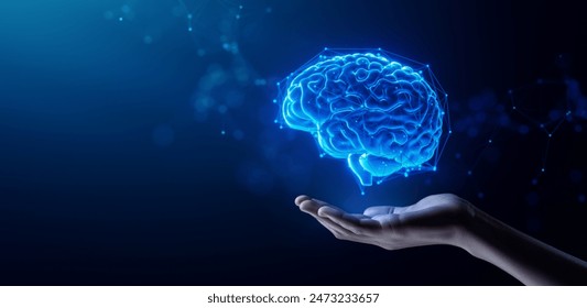 Hand Holding Human Brain - Futuristic Concept of Intelligence, science and mind