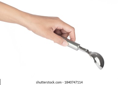 Hand Holding Ice Cream Scoop Isolated On White Background.