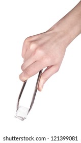  Hand Holding Ice Tongs Isolated On A White Background