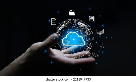 hand holding icon cloud computing network and icon connection data information in hand. Cloud computing and technology concept