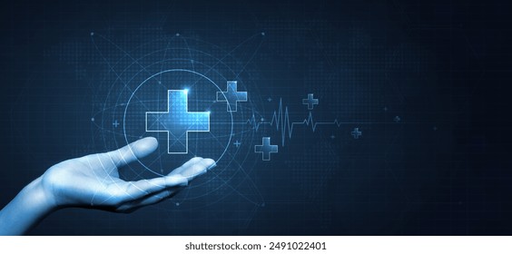 Hand holding icon for the healthcare medical icon. health insurance health concept. health insurance business for hospital. medical network connection. 