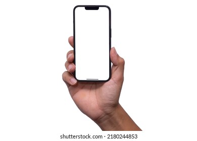 Hand Holding IPhone 13 The Black Smartphone With Blank Screen And Modern Frameless Design, Hold Mobile Phone On Background And Clipping Path For App Design Ui : Bangkok, Thailand - July 13, 2022