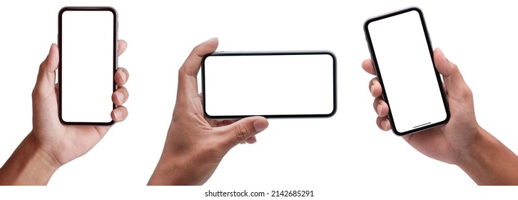 Hand holding iPhone the black smartphone iphone pro max with blank screen for Infographic Global Business web site design app for iphone and advertisnment , iphon , phone - Clipping Path