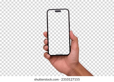 Hand holding iphone with smartphone blank screen and modern frameless , hold Mobile phone on transparent background Ideal for marketing - Clipping Path isolated 