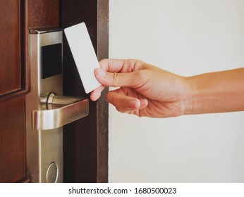 Hand Holding Key Card Hotel Room Access. Mock Up Keycard