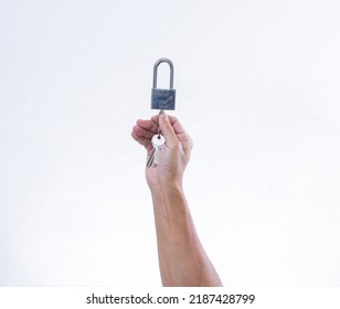 Hand Holding Key Chain Isolated On White Background