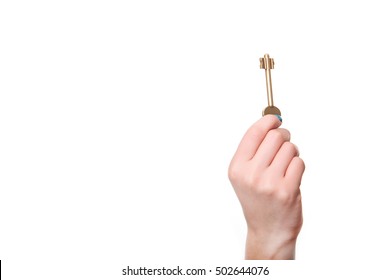 hand holding key on isolated on white background.