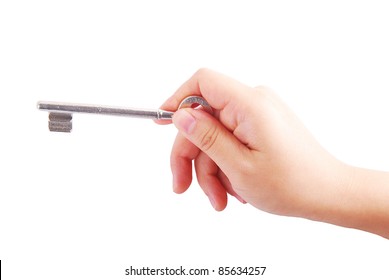 Hand Holding Key On Isolated On White Background