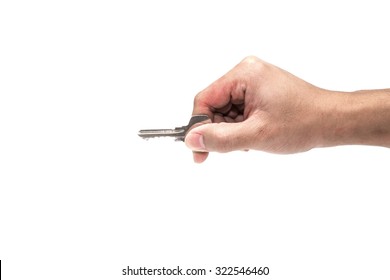 Hand holding key on white background , isolated