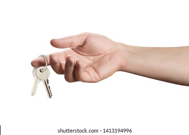 Hand holding keys, isolated on white background