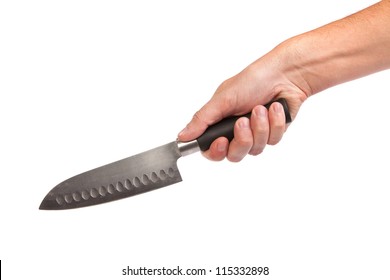 Hand Is Holding A Kitchen Knife Isolated On A White Background