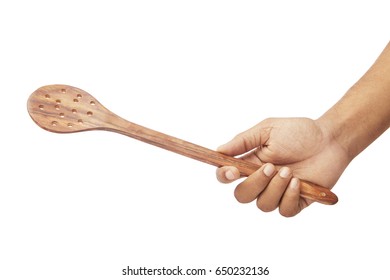 Hand Holding Kitchen Wood Spatula Isolated On White Background.