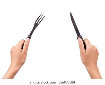 Hand Holding Knife And Fork Isolated On White Background