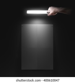 Hand Holding Lamp Near The Wall With Blank Poster Mockup, Isolated. Idea, Night Club Event Poster Party Design Preview Presentation. Wall Mock Up In Light. Person Hold Torch In Hands Illuminate. 