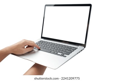 Hand holding laptop with blank screen isolated on white background - Powered by Shutterstock