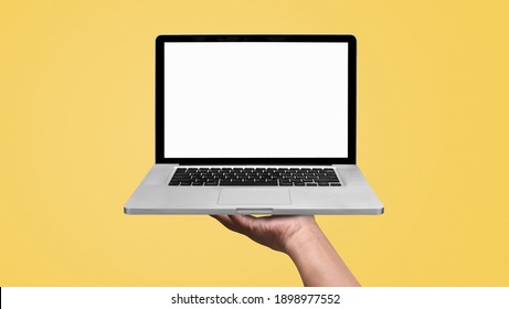 Hand holding the laptop or notebook isolated on solid color background. of free space for your copy. View from top.