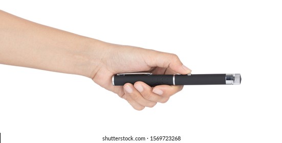 Hand Holding Laser Pointer Pen Isolated On White Background