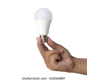 Hand Holding Led Light Bulb Isolated On White Background With Clipping Path