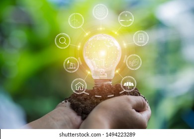 Hand Holding Light Bulb Against Nature Stock Photo (Edit Now) 1494223289