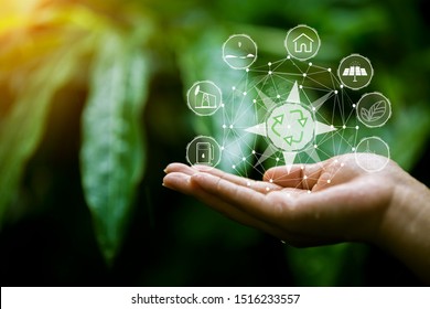 hand holding light bulb against nature, icons energy sources for renewable - Shutterstock ID 1516233557