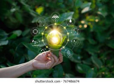Hand holding light bulb against nature on green leaf with icons energy sources for renewable, sustainable development. Ecology concept. Elements of this image furnished by NASA. - Shutterstock ID 767486674