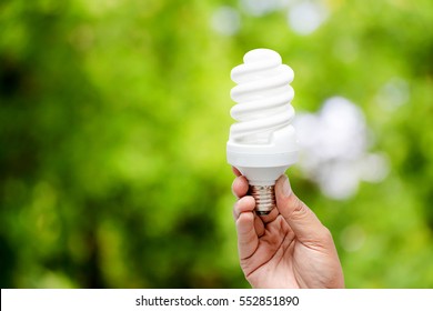 Hand holding light bulb on green Natural background , green energy concept