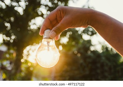 Hand Holding A Light Bulb With Sunset Power Concept