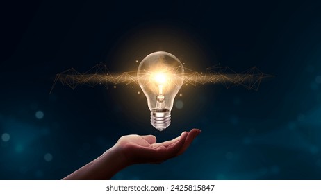 Hand holding light bulbs abstract with connected network lines  - Powered by Shutterstock