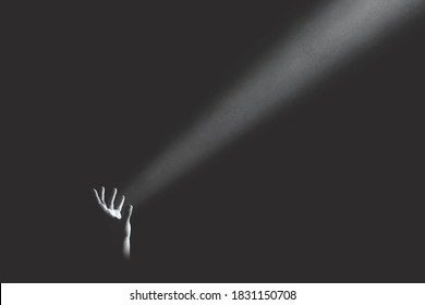 Hand Holding Light Rays In The Darkness, Hope Concept