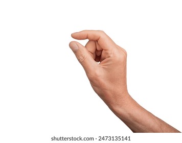 Hand holding a little bit of something, isolated on white background. Gesture indicating a pinch or small grasp, ideal for interaction and communication concepts. Close up view - Powered by Shutterstock