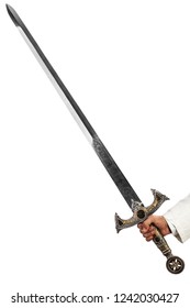 a hand holding a long and ornated medieval steel sword