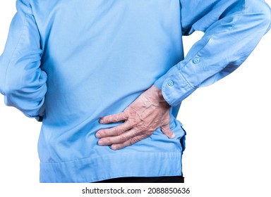 hand holding lower back, elderly man suffering from backache. Isolated on white background